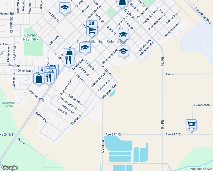 map of restaurants, bars, coffee shops, grocery stores, and more near 1301 Colusa Avenue in Chowchilla