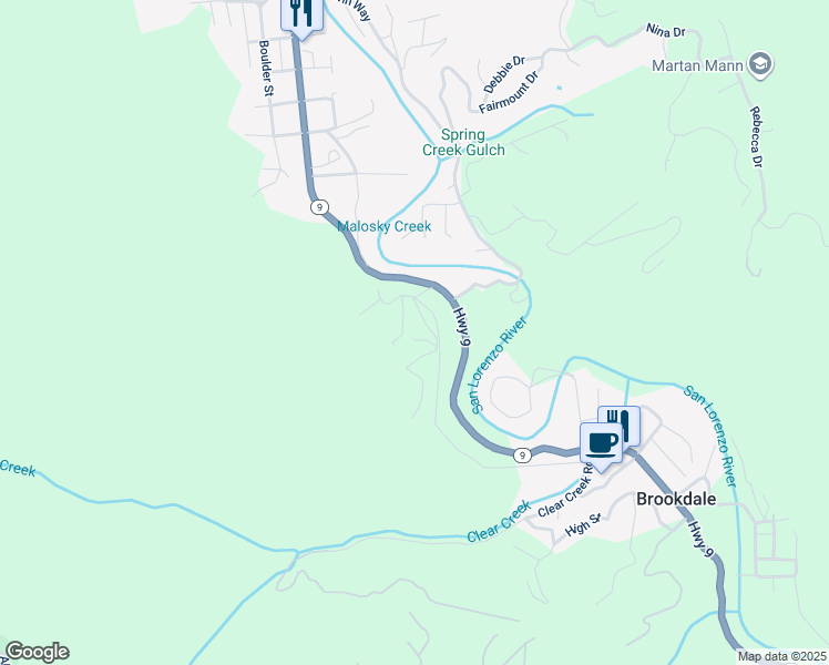 map of restaurants, bars, coffee shops, grocery stores, and more near 12175A Monan Way in Boulder Creek