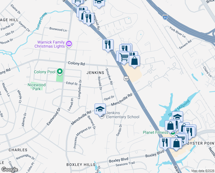 map of restaurants, bars, coffee shops, grocery stores, and more near 105 Edsyl St in Newport News