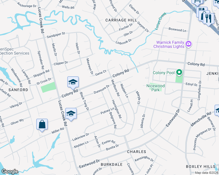 map of restaurants, bars, coffee shops, grocery stores, and more near 440 Dunmore Drive in Newport News