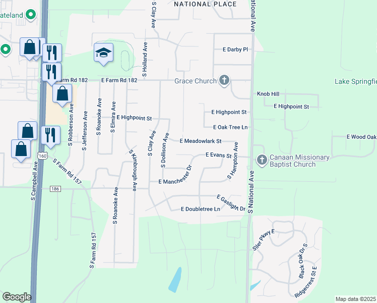 map of restaurants, bars, coffee shops, grocery stores, and more near 931 East Evans Street in Springfield