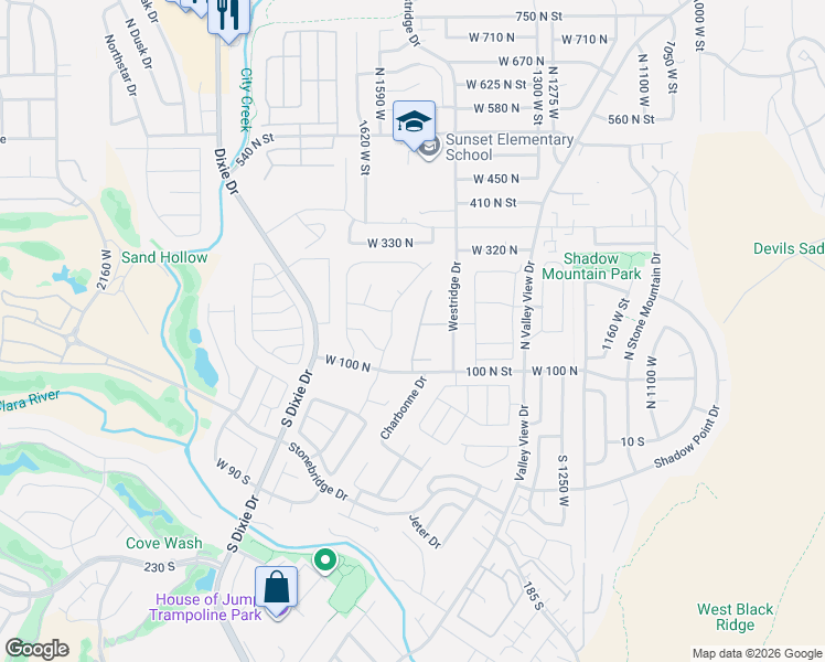 map of restaurants, bars, coffee shops, grocery stores, and more near 123 187 North Westridge Drive in St. George