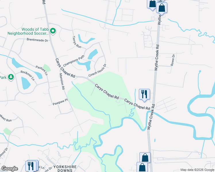 map of restaurants, bars, coffee shops, grocery stores, and more near 410 Carys Chapel Road in Yorktown