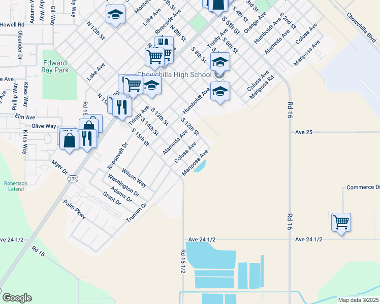 map of restaurants, bars, coffee shops, grocery stores, and more near 1301 Colusa Avenue in Chowchilla
