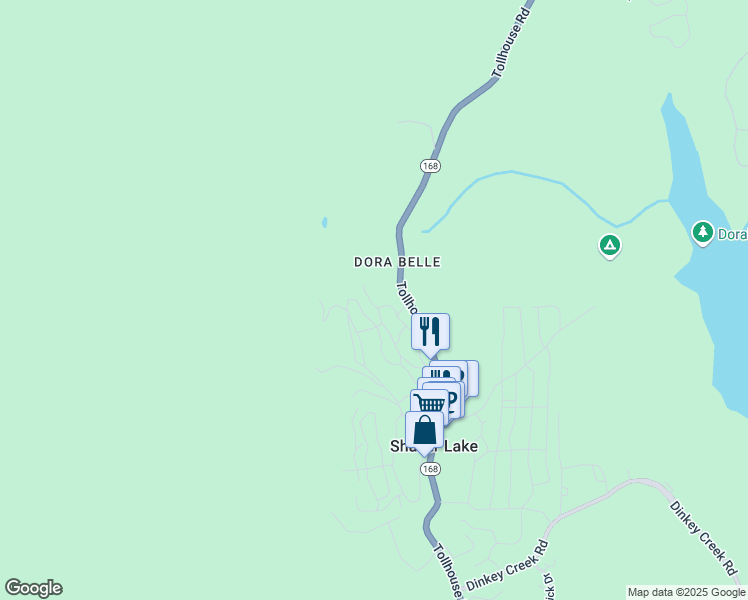 map of restaurants, bars, coffee shops, grocery stores, and more near 42162 Tollhouse Road in Shaver Lake