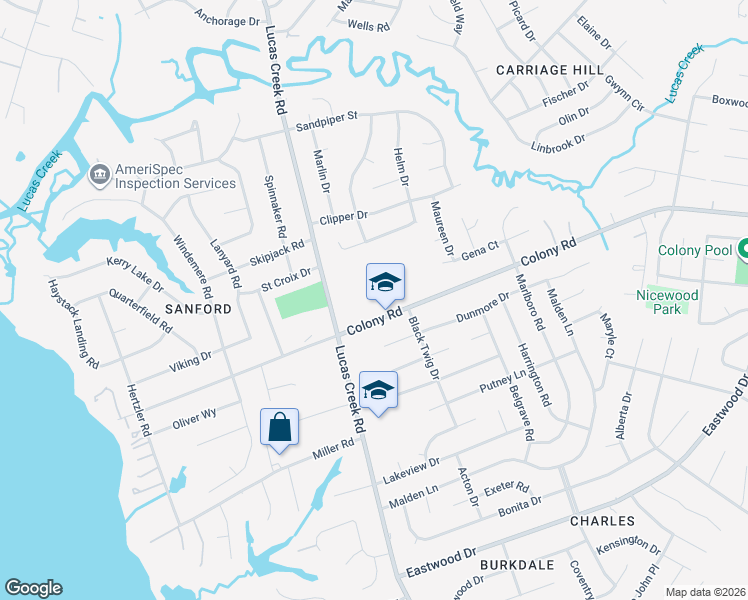 map of restaurants, bars, coffee shops, grocery stores, and more near 480 Colony Road in Newport News