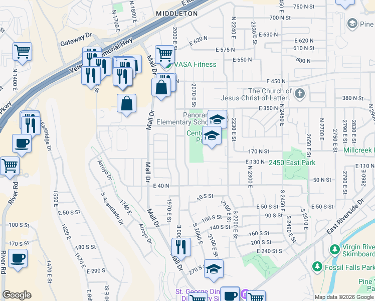 map of restaurants, bars, coffee shops, grocery stores, and more near 184 N 2040 E in St George