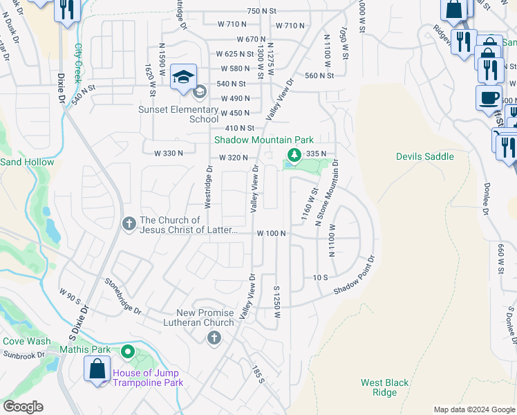 map of restaurants, bars, coffee shops, grocery stores, and more near 179 1280 West Street in St. George