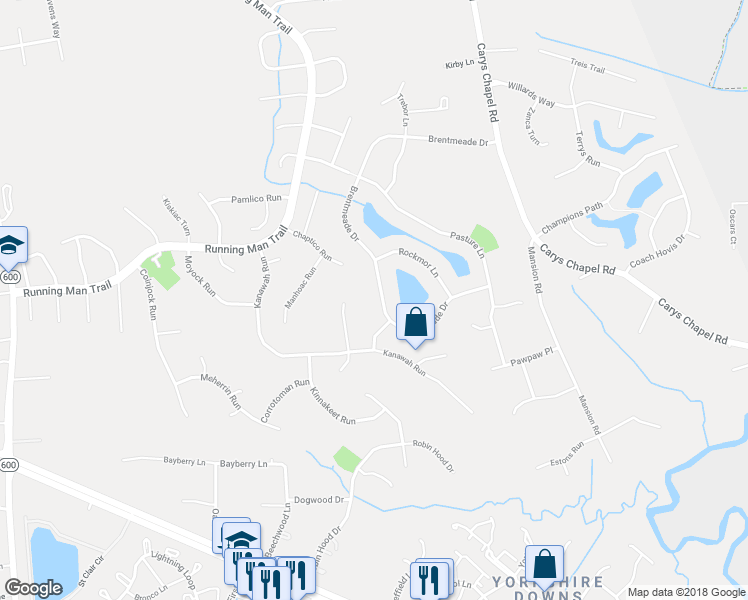 map of restaurants, bars, coffee shops, grocery stores, and more near 410 Brentmeade Drive in Yorktown