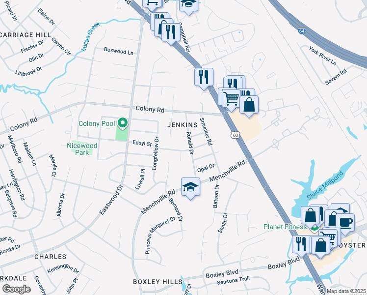 map of restaurants, bars, coffee shops, grocery stores, and more near 116 Edsyl Street in Newport News
