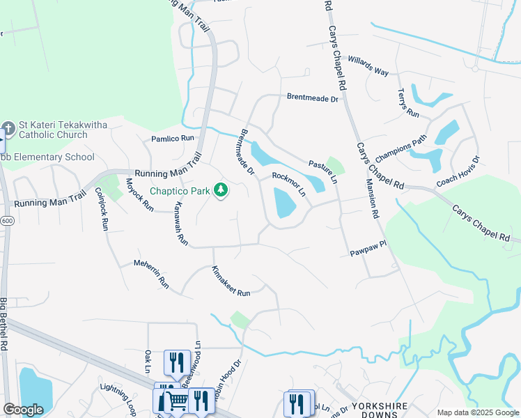 map of restaurants, bars, coffee shops, grocery stores, and more near 410 Brentmeade Drive in Yorktown