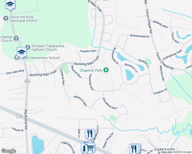 map of restaurants, bars, coffee shops, grocery stores, and more near 116 Manhoac Run in Yorktown