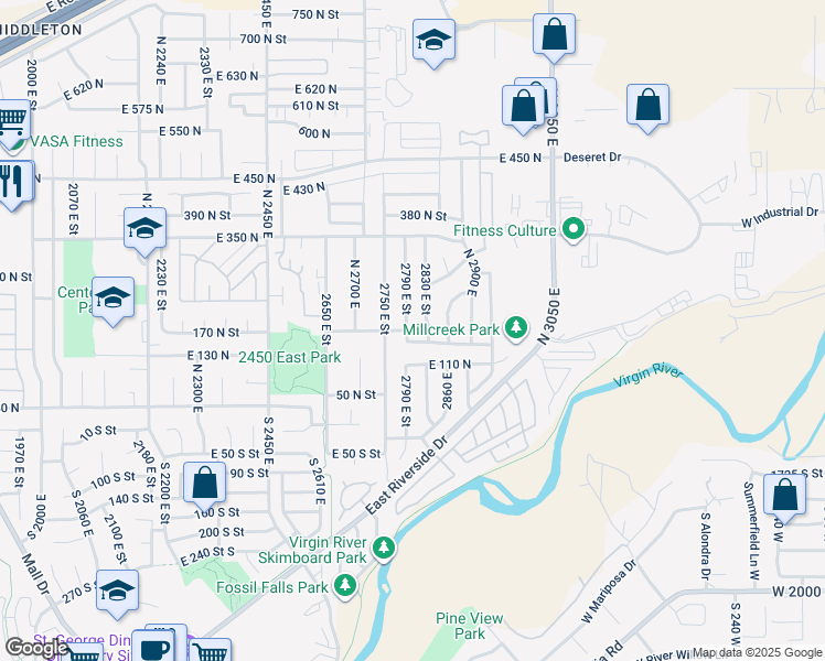 map of restaurants, bars, coffee shops, grocery stores, and more near 172 North 2790 East in St. George