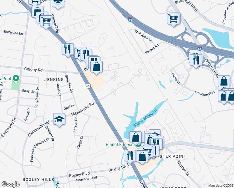 map of restaurants, bars, coffee shops, grocery stores, and more near 470 Youngs Mill Lane in Newport News