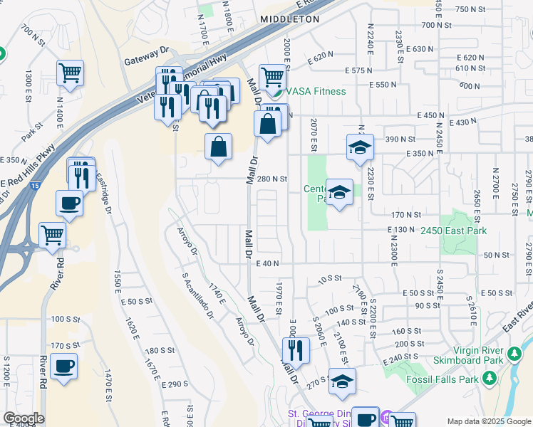 map of restaurants, bars, coffee shops, grocery stores, and more near 210 North Mall Drive in St. George