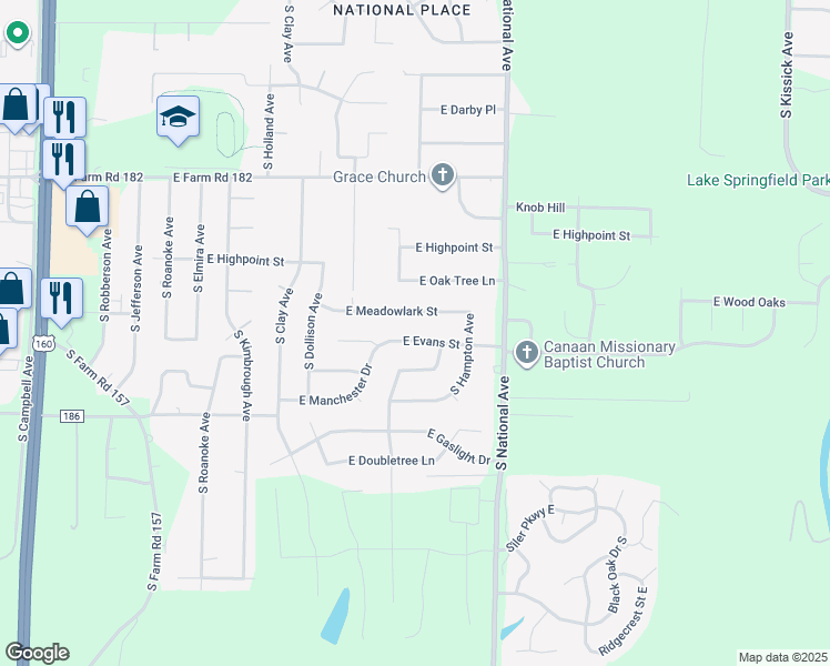 map of restaurants, bars, coffee shops, grocery stores, and more near 1047 East Evans Street in Springfield