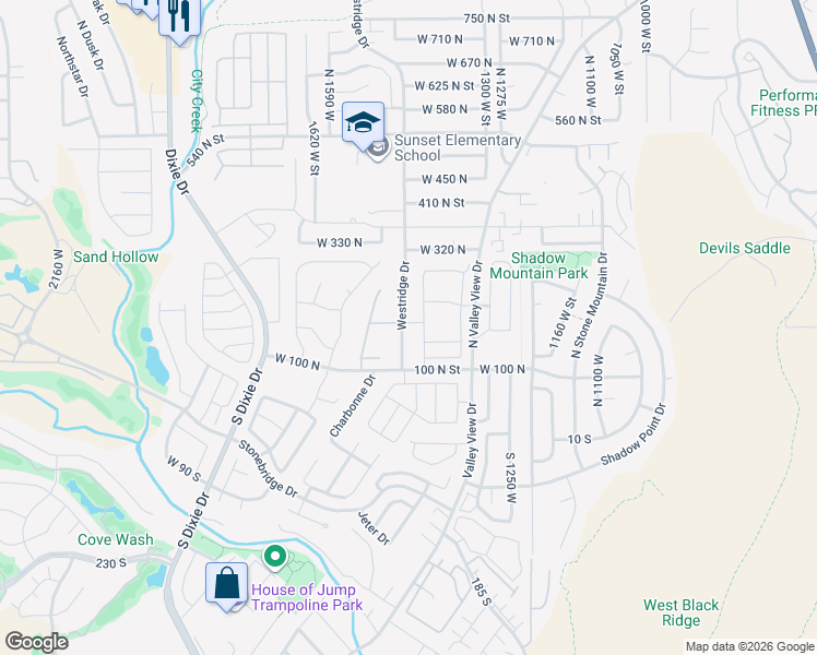 map of restaurants, bars, coffee shops, grocery stores, and more near 225 North Valley View Drive in St. George