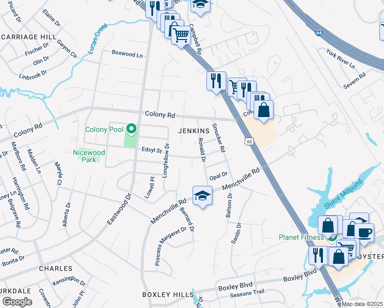 map of restaurants, bars, coffee shops, grocery stores, and more near 116 Edsyl Street in Newport News