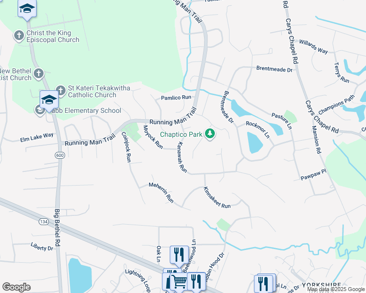 map of restaurants, bars, coffee shops, grocery stores, and more near 207 Kanawah Run in Yorktown