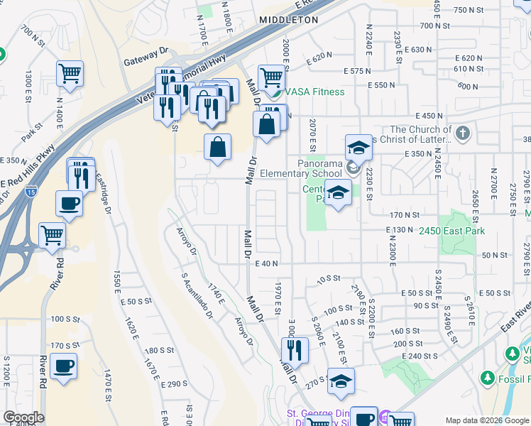 map of restaurants, bars, coffee shops, grocery stores, and more near 210 North Mall Drive in St. George