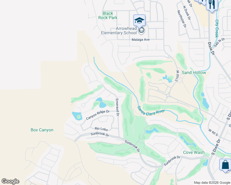 map of restaurants, bars, coffee shops, grocery stores, and more near 188 Emeraud Drive in St. George