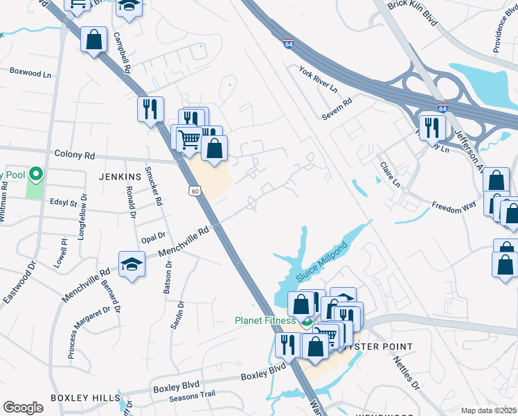 map of restaurants, bars, coffee shops, grocery stores, and more near 470 Youngs Mill Lane in Newport News