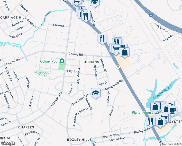 map of restaurants, bars, coffee shops, grocery stores, and more near 116 Edsyl Street in Newport News