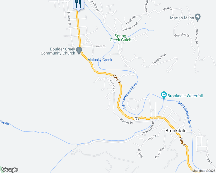 map of restaurants, bars, coffee shops, grocery stores, and more near 12175A Monan Way in Boulder Creek