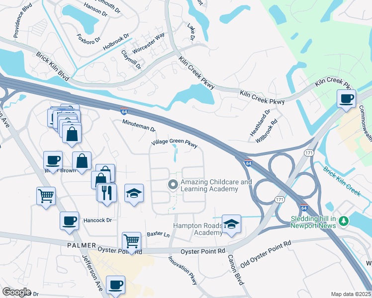 map of restaurants, bars, coffee shops, grocery stores, and more near 604 Musket Court in Newport News