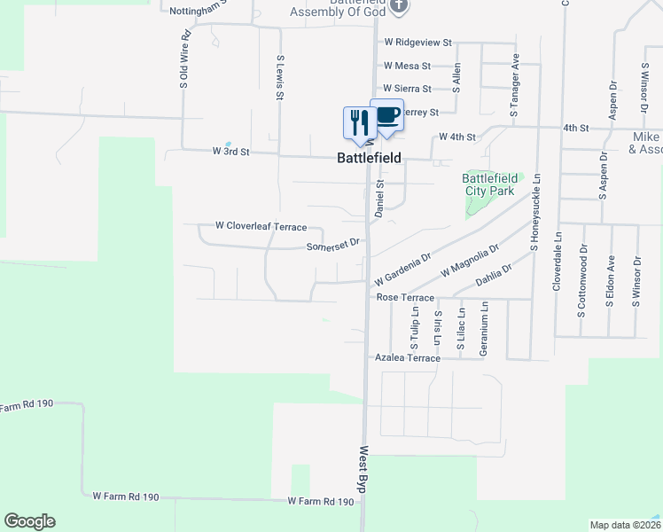 map of restaurants, bars, coffee shops, grocery stores, and more near 5705 S Grant St in Battlefield