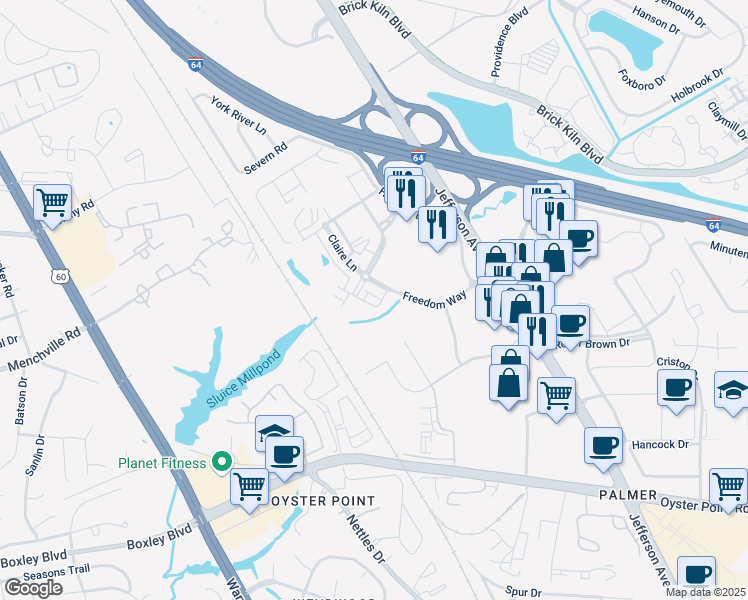 map of restaurants, bars, coffee shops, grocery stores, and more near 596 Red Hill Road in Newport News