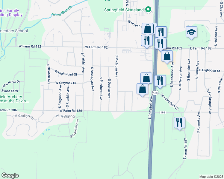 map of restaurants, bars, coffee shops, grocery stores, and more near 5660 South Dayton Avenue in Springfield