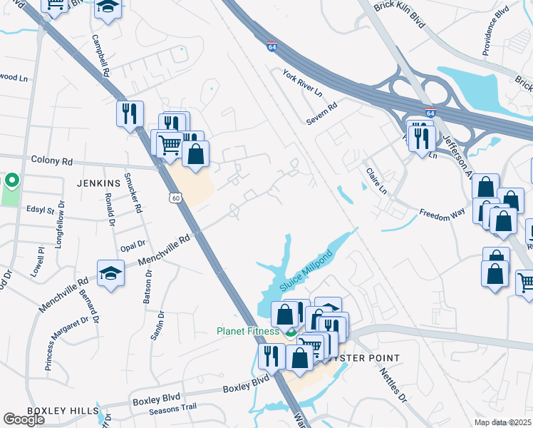 map of restaurants, bars, coffee shops, grocery stores, and more near 470 Youngs Mill Lane in Newport News