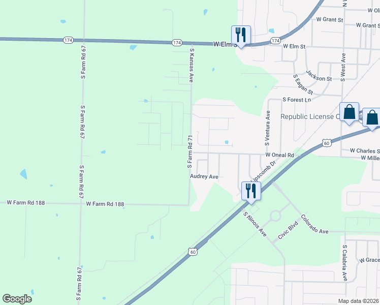 map of restaurants, bars, coffee shops, grocery stores, and more near 5810 South Farm Road 71 in Republic