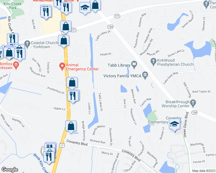 map of restaurants, bars, coffee shops, grocery stores, and more near 111 Gardenville Drive in Yorktown
