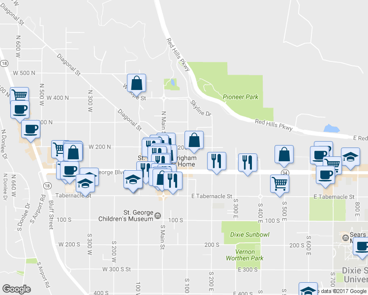 map of restaurants, bars, coffee shops, grocery stores, and more near 82 North 200 East in St. George