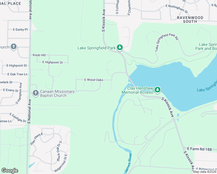 map of restaurants, bars, coffee shops, grocery stores, and more near 5639 South Lake Ridge in Springfield