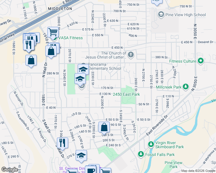 map of restaurants, bars, coffee shops, grocery stores, and more near 183 North 2360 East in St. George