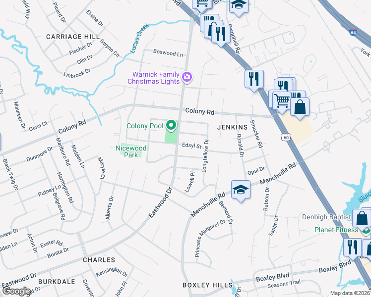 map of restaurants, bars, coffee shops, grocery stores, and more near 157 Edsyl Street in Newport News