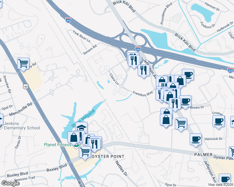 map of restaurants, bars, coffee shops, grocery stores, and more near 599 Red Hill Road in Newport News