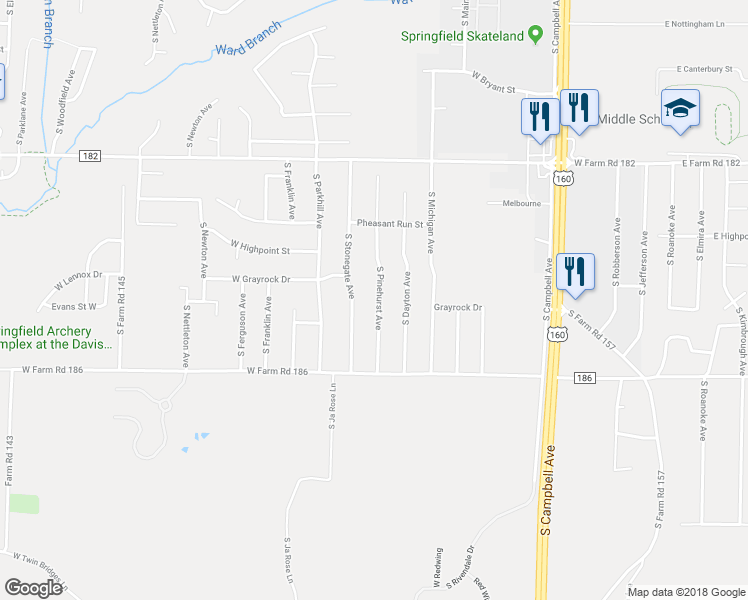 map of restaurants, bars, coffee shops, grocery stores, and more near 5661 South Pinehurst Avenue in Springfield