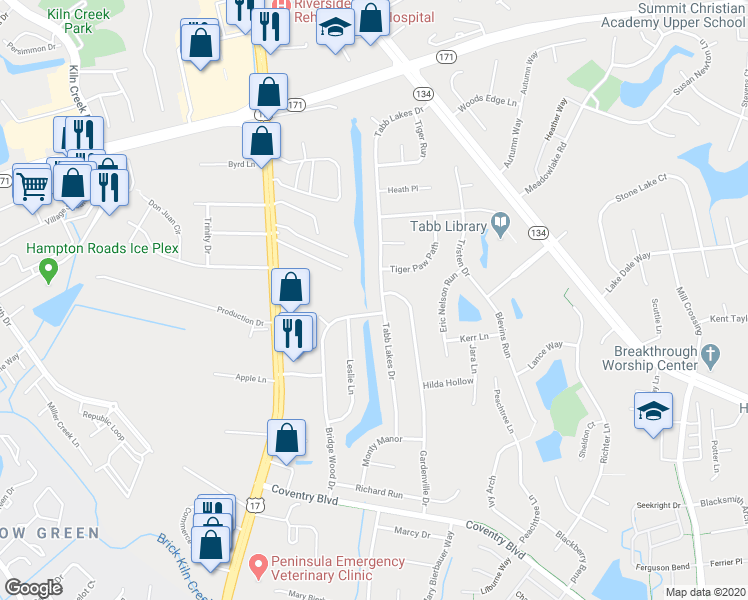 map of restaurants, bars, coffee shops, grocery stores, and more near 808 Tabb Lakes Drive in Yorktown