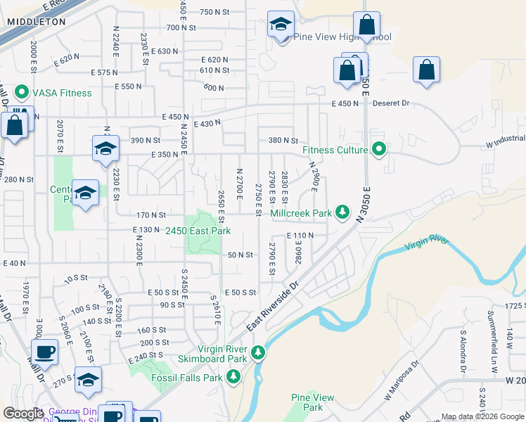 map of restaurants, bars, coffee shops, grocery stores, and more near 2761 East 175 North in St. George