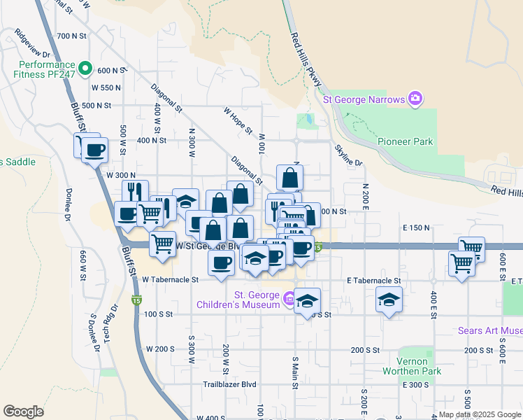 map of restaurants, bars, coffee shops, grocery stores, and more near 187 100 West in St. George