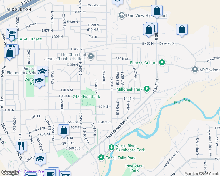 map of restaurants, bars, coffee shops, grocery stores, and more near 185 North 2750 East in St. George