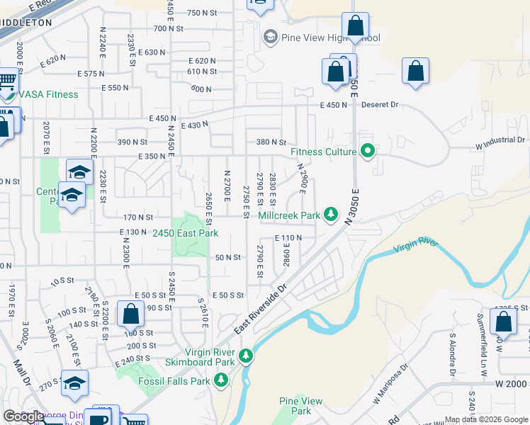 map of restaurants, bars, coffee shops, grocery stores, and more near 184 North 2790 East in St. George