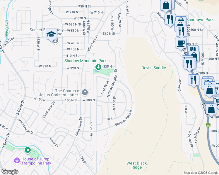 map of restaurants, bars, coffee shops, grocery stores, and more near 187 North Stone Mountain Drive in St. George