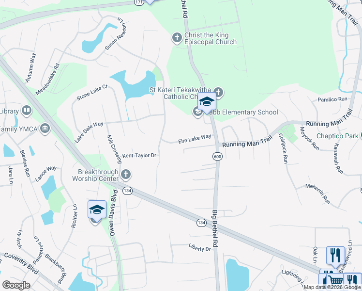 map of restaurants, bars, coffee shops, grocery stores, and more near 117 Elm Lake Way in Yorktown