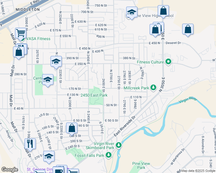 map of restaurants, bars, coffee shops, grocery stores, and more near 2679 East 175 North in St. George