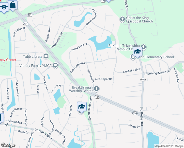 map of restaurants, bars, coffee shops, grocery stores, and more near 204 Mill Crossing in Yorktown